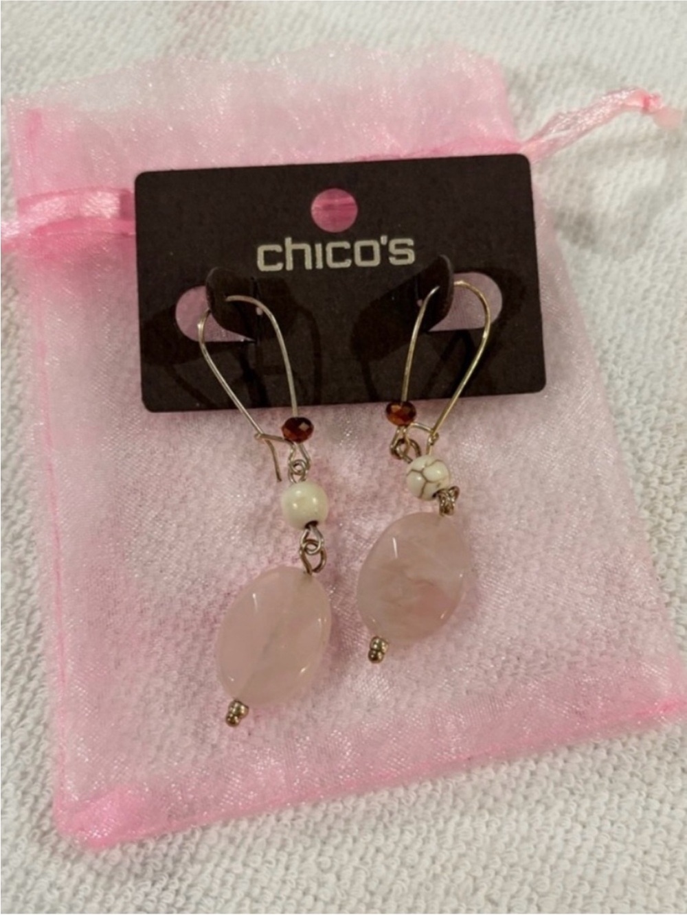 LOWEST Chico's Soft Pink Marbled Drop Earrings with Gold Accents
